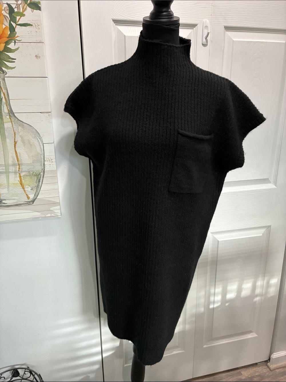 Zenana -  Black Ribbed Mock-Neck Midi Dress with Pocket